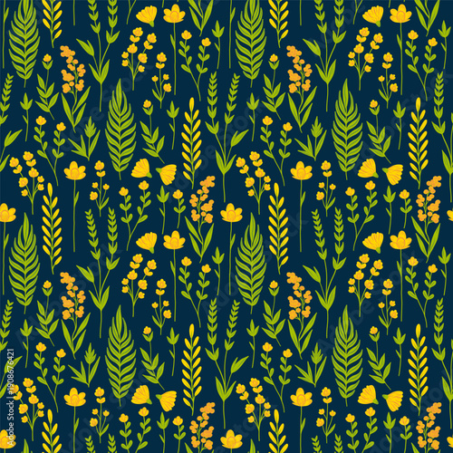 Floral cute seamless pattern with hand drawn beautiful flowers, leaves and herb. Spring and summer trendy background. Abstract modern print. Vector flat illustration.