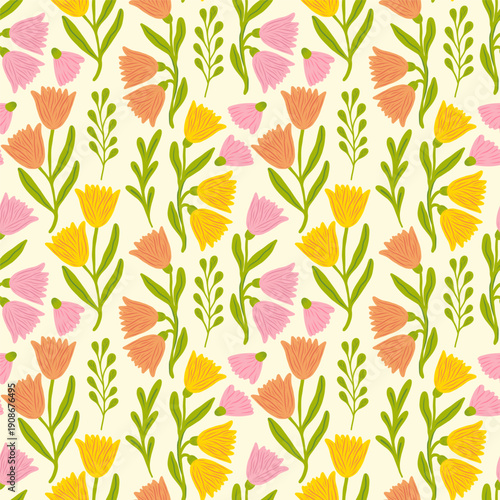 Floral cute seamless pattern with hand drawn beautiful flowers, leaves and herb. Spring and summer trendy background. Abstract modern print. Vector flat illustration.