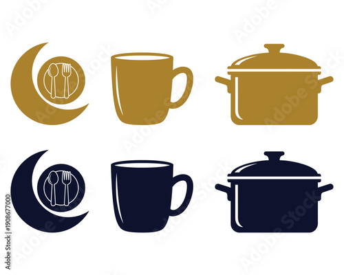 Kitchen cookware and tableware icon set with cup pot and dish symbols