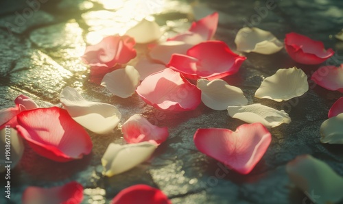 Artistic pink and white rose petals arranged on a soft textured surface, illuminated by warm natural light for a romantic composition