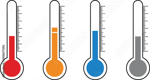 Colorful thermometers vector illustration, progress level design, temperature measurement icon, data visualization symbol, fundraising goal indicator graphic
