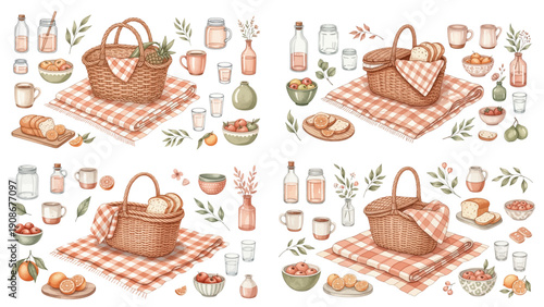 A charming watercolor collection of cottagecore picnic scenes, featuring woven baskets, checkered blankets, fresh bread, fruit bowls, and glass bottles.