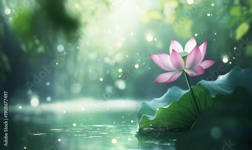 Beautiful pink lotus flower blooming on a calm pond, its petals illuminated by soft sunlight and surrounded by blurred green reflections