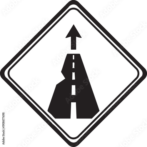 Road Narrows Left Side Hazard Warning Traffic Sign Silhouette on White Background