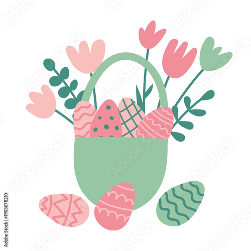 Cute Easter handdrawn egghunt basket with spring flowers, leaves and decorated eggs. Vector flat illustration.