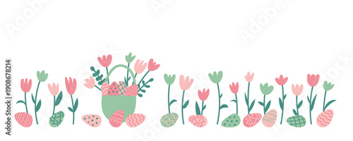 Cute Easter handdrawn border with spring flowers, decorated eggs and egghunt basket. Holiday background for greeting cards, invitations and seasonal design. Vector flat illustration.