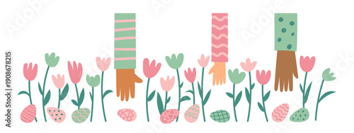 Cute Easter egg hunt horizontal border with flowers, colorful eggs and reaching hands. Family fun concept. Vector flat illustration.