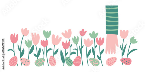 Cute Easter egg hunt horizontal border with flowers, colorful eggs and reaching hand. Fun spring holiday banner. Vector flat illustration.
