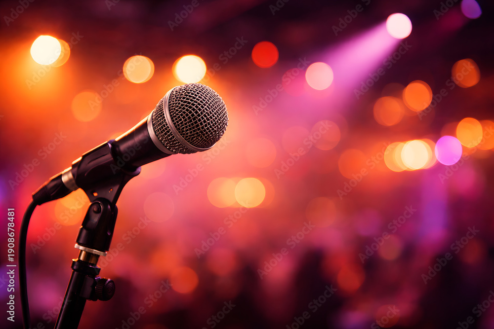 Obraz premium Stage microphone with vibrant pink and orange concert lights