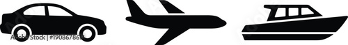Black Vector Icons Set Of A Sedan Car, Commercial Airplane, And Speedboat Isolated On White Background For Transportation And Travel,