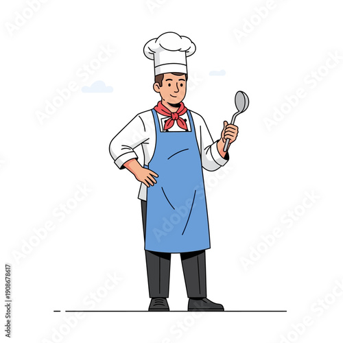 A cheerful male chef stands proudly in his professional uniform, holding a large ladle, ready to prepare a delicious meal with passion and culinary expertise, embodying skill and hospitality