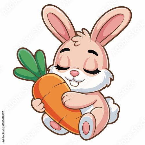 A  cartoon bunny is sitting and holding a large carrot.