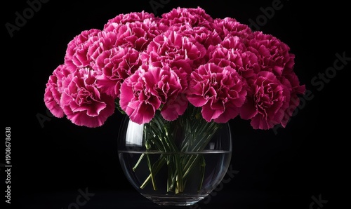 Bright pink carnations arranged in a sleek glass vase, soft lighting emphasizing their delicate petals and vibrant color for a timeless floral composition