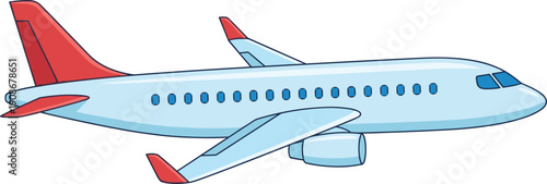 Flat Vector Illustration Of A Passenger Commercial Airplane With Red Tail And Wings Isolated On White Background For Travel Designs,