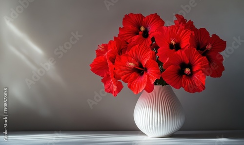 Bright red bouquet of hibiscus flowers arranged in a sleek white vase, their bold petals glowing under soft light creating a lively floral composition