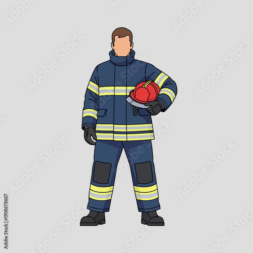 Cartoon Firefighter Standing Forward with Red Helmet on Plain Gray Background – Professional Preparedness Display