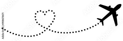 Dotted flight trajectory with airplane silhouette. Aviation map showing journey route in heart shape. Love concept. Vector illustration isolated on white.