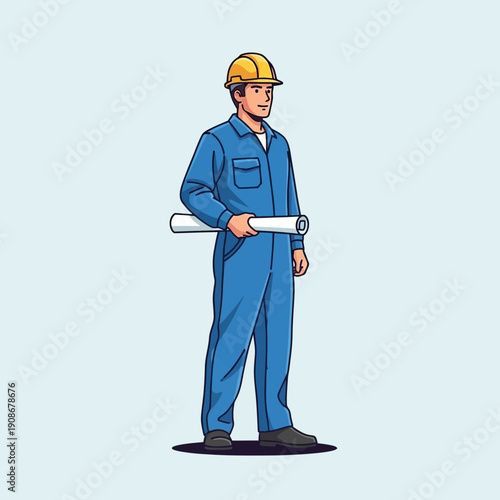 Cartoon Man in Blue Jumpsuit Holding Blueprint with Yellow Hardhat – Construction Worker Illustration in Light Blue Setting