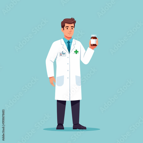 Cartoon Doctor Holding Pill Jar in White Lab Coat Against Teal Background - Illustrative Medical Scene