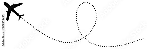 Plane route map with dotted flight path. Travel infographic showing airplane journey trail across locations with dashed lines. Vector illustration isolated on white.