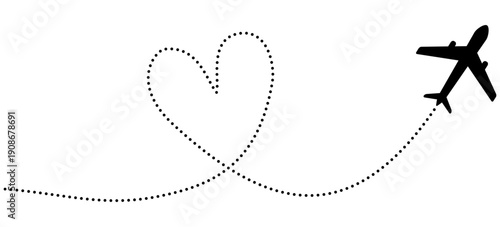 Dotted flight trajectory with airplane silhouette. Aviation map showing journey route in heart shape. Love concept. Vector illustration isolated on white.