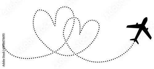 Airplane flight with dotted trajectory path. Aviation map showing journey route in two hearts shapes. Love symbol. Vector illustration isolated on white.