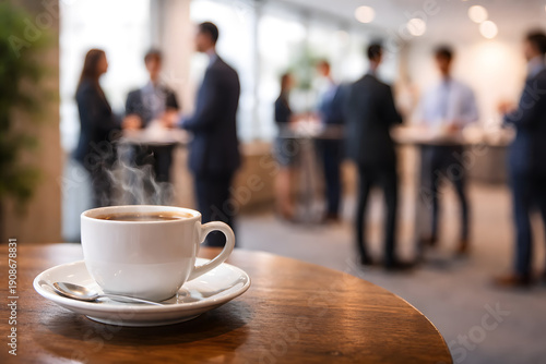Hot coffee on table during corporate networking event