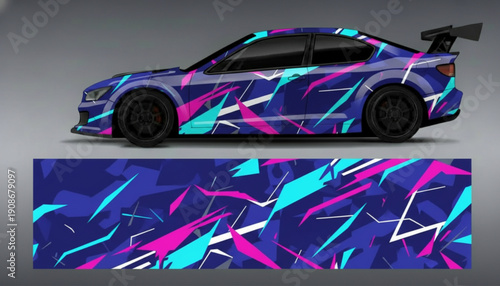 A sports car with a vibrant abstract geometric vinyl wrap design.