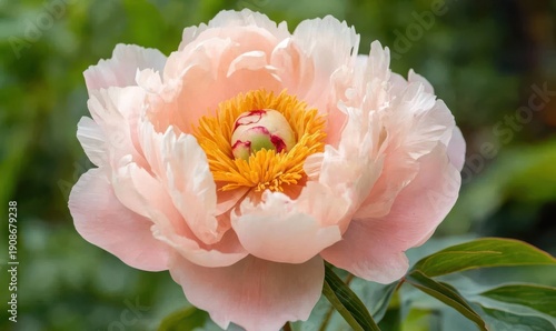 Close-up of a delicate pink peony in full bloom, its soft petals and vibrant tones glowing under gentle sunlight, symbolizing grace and beauty