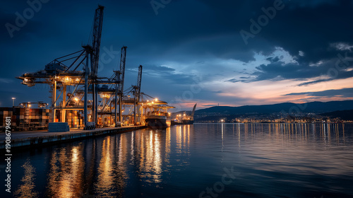 View of sea port at night, cranes for loading cargo on ships, beautiful sky, maritime operations, industrial harbor, defocused background, with copy space