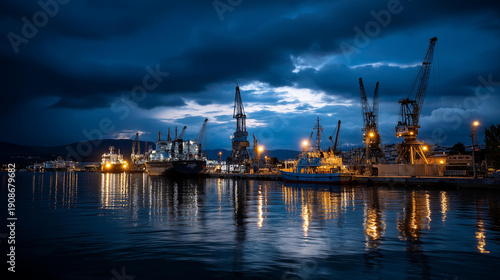 View of sea port at night, cranes for loading cargo on ships, beautiful sky, maritime operations, industrial harbor, defocused background, with copy space