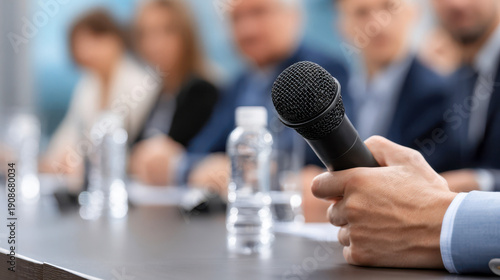 Discussion at a conference with a speaker holding a microphone in a meeting room with participants seated