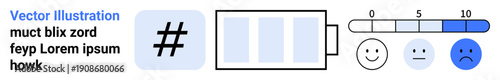 Battery charge indicator alongside emotional rating scale ranging from happy to sad, showcasing satisfaction score. Ideal for feedback systems, energy levels, productivity, mood tracking, mental