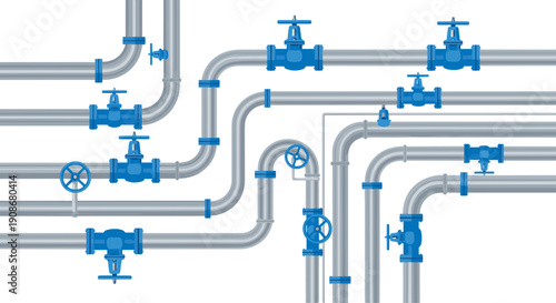Intricate network of gray industrial pipes with numerous blue control valves on a white background.