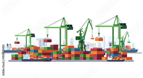 Modern shipping port with large green cranes loading containers onto cargo ships against a city skyline.