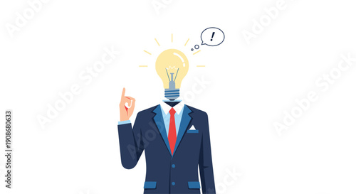 Business person with a bright lightbulb head pointing upwards, symbolizing an idea with an exclamation mark.