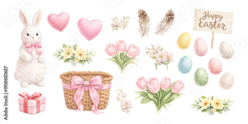 Watercolor Easter elements set isolated on white background. Cute bunny, pastel eggs, flowers, feathers, basket and gift. Soft spring illustration for cards, invitations, packaging and holiday design.