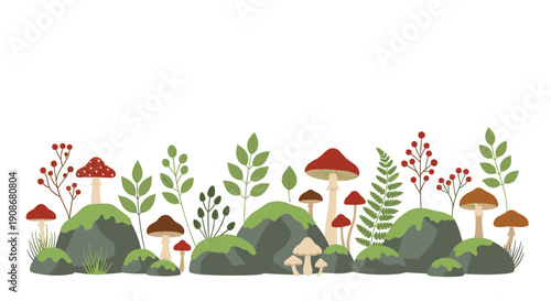 Forest floor border featuring colorful mushrooms, mossy rocks, green foliage, and red berries.