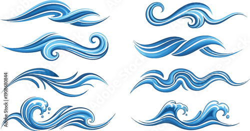 Collection of stylized blue wave swirl icons and decorations