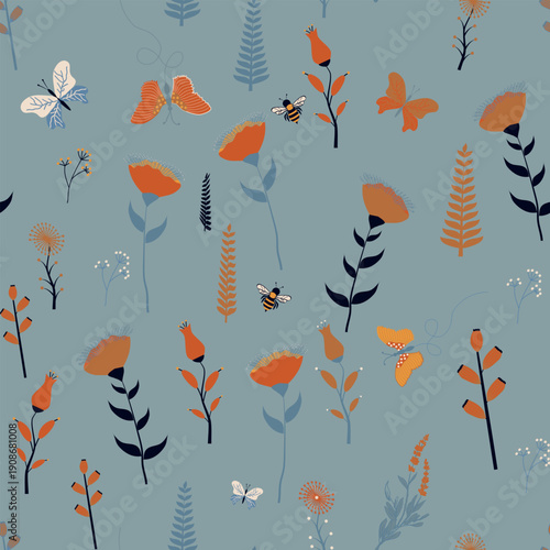 Seamless vector whimsical garden pattern with flowers, butterflies, and bees. Dusty blue nursery botanical design for children's apparel and wallpaper