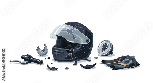 A broken motorcycle helmet, shattered headlight, and damaged handlebar are scattered on the ground after an accident.