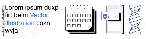 Time management, data protection, identity verification, genetic research, technological advancement, digital security. Calendar, mobile shield icon DNA strand. Time management and data protection