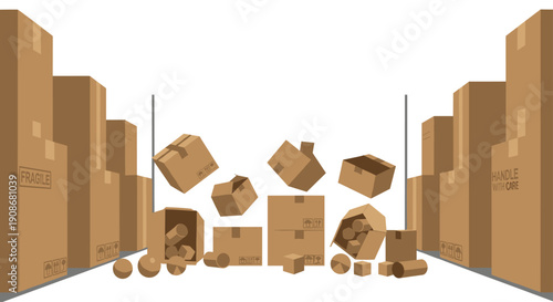Numerous cardboard boxes fall and scatter between two rows of tall, packed boxes in a storage room.