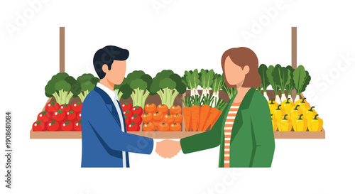 Two people shake hands in front of colorful stalls filled with fresh vegetables and fruits at a market.