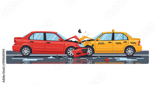 A red car and a yellow taxi collide head-on in a serious car accident on a wet road.