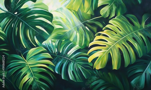 Close-up of tropical palm leaves with sunlight filtering through, vibrant greens and soft shadows creating an exotic and tranquil aesthetic