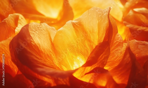 Close-up of vibrant orange marigold petals illuminated by soft natural light, creating intricate details and a bold floral aesthetic