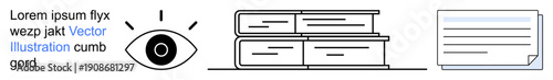 Knowledge sharing, education, research, publishing, information exchange, data storage. Eye icon, stack of books and a document. Knowledge sharing and education concept