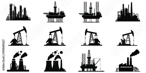 Collage of Black Silhouettes of Industrial Facilities and Oil Extraction Equipment Keywords: oil rig, oil pump jack, factory