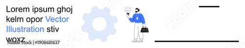 Idea generation, business strategy, innovation, teamwork, productivity, technology solutions. Professional figure holding lightbulb next to gear symbol. Idea generation and business strategy concept